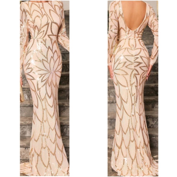 Luxe Sequin Low Back Long Sleeve Formal Evening Party Wedding Dress - Picture 3 of 12